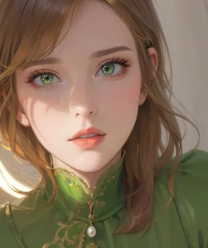 the portrait captures a stunning image of a regal caucasian girl, with her golden brown hair and green eyes, radiating an enchanting aura. Her green eyes are adorned with soft, expressive green eyes, 