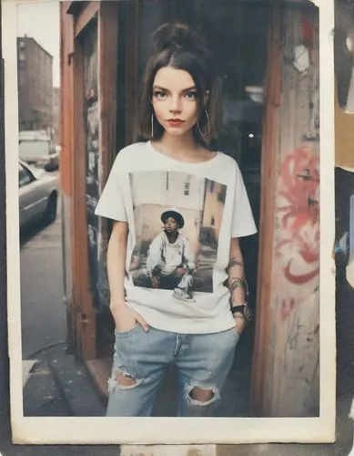 polaroid,girl in t-shirt,brooklyn,polaroid pictures,tshirt,tee,icon,vintage girl,isolated t-shirt,new york streets,harlem,hipster,tattoo girl,album cover,in a shirt,a girl with a camera,photos on clot