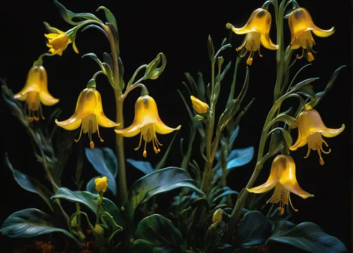 Write a mysterious story about a hidden garden filled with yellow bells.,avalanche lily,yellow avalanche lily,tasmanian flax-lily,schopf-torch lily,lilium davidii,epidendrum nocturnum,pachystachys lut