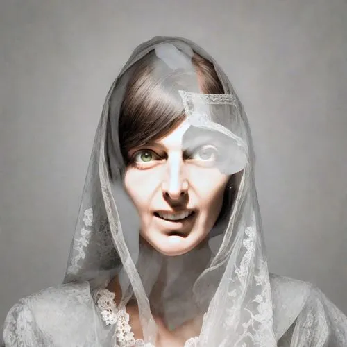 Composition and smile like Leonardo’s Mona Lisa.,veil,the angel with the veronica veil,girl in cloth,portrait of christi,indian bride,dead bride,woman portrait,transparent image,composite,burqa,portra