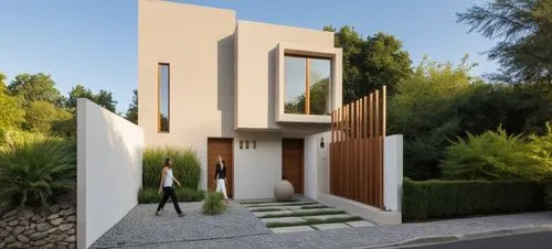 CASA ESTILO MINIMALISTA UBICADA, COMBINANDO LOS COLORES VIBRNTES DE LA ARQUITECTURA MEXICANA Y LA PIEDRA DE RECINTO,  EN UN FRACCIONAMIENTO CON VEGETACIÓN EXUBERANTE, PERSONAS,ARBOLES, PALMERAS, CORRE