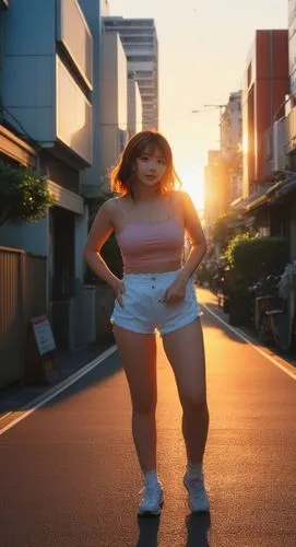 the camera captures a vibrant image of a caucasian girl, who wears a brown hairstyle, brown hair, blue eyes, red lips, and black sports hoes. The girl walks straight for a bustling street in Tokyo at 