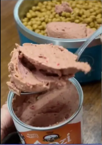 pâté,refried beans,chocolate spread,chocolate ice cream,chopped liver,liverwurst,taramasalata,liver paste,tuna salad,tuna,corned beef,variety of ice cream,canned food,mortadella,spumoni,frozen dessert