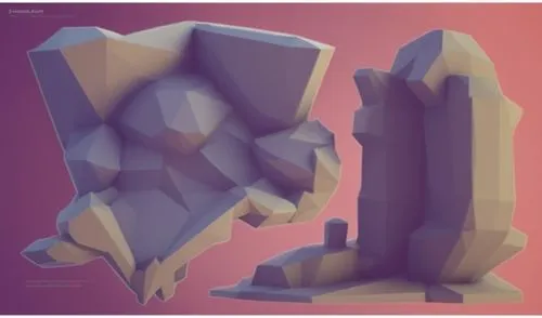 three low polygonal rocks that appear to have rocks cut off to form soing else,low poly,lowpoly,polygonal,voxels,geometric ai file,monoliths,3D,Low Poly