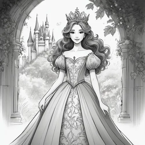 peignoir,princess sofia,fairy tale character,ballgown,noblewoman,ball gown,Illustration,Black and White,Black and White 08