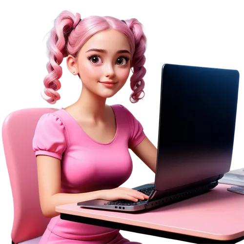 girl at the computer,women in technology,girl sitting,artificial hair integrations,online date,pink background,online courses,online meeting,cute cartoon image,computer graphics,girl studying,barbie,school administration software,animated cartoon,blogs of moms,anime 3d,make money online,bussiness woman,computer freak,blogging,Illustration,Realistic Fantasy,Realistic Fantasy 34