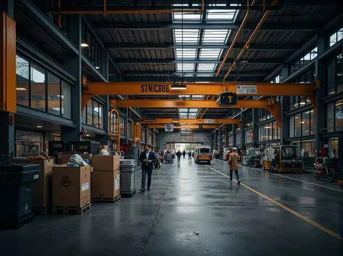 Industrial warehouse, exposed ductwork, metal beams, concrete floors, functional lighting, overhead cranes, geometric shapes, abstract compositions, primary color accents, urban cityscape, busy street