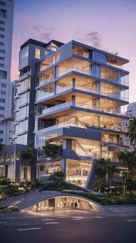 Genera una imagen de un moderno edificio de varios pisos en Acapulco, reconstruido tras el huracán Otis. El nuevo diseño debe tener una fachada moderna, con grandes ventanales de vidrio reflejando el 