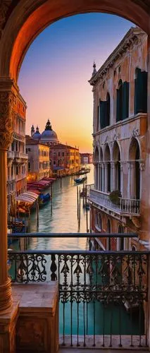 Venetian architecture, grand canal, Baroque style, ornate stone carvings, arched windows, Gothic elements, intricate marble decorations, golden accents, majestic columns, balconies with iron railings,