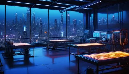 Adult AI generator, futuristic laboratory, sleek metal tables, wires and circuits, glowing blue screens, robotic arms, high-tech machinery, futuristic lighting, neon signs, cityscape background, night