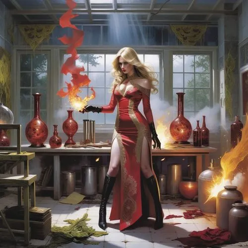 the mysterious female agent , spreading long blonde hair , red sexy dress with lace pattern  , use magical fire spell , attacking pose , laboratory place in the background,burn it down,scarlet witch,m