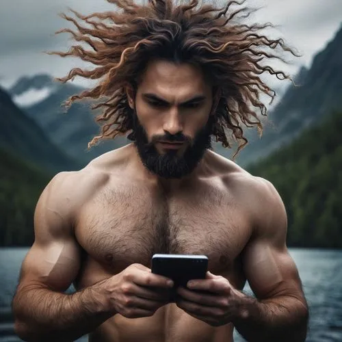 caveman,cave man,nature and man,aquaman,male model,tarzan,poseidon,merman,turn off your cell phone,e-book readers,mobile device,bearded,rugby player,muscular,wet smartphone,text message,barbarian,rugged,african american male,hairy,Photography,Documentary Photography,Documentary Photography 27