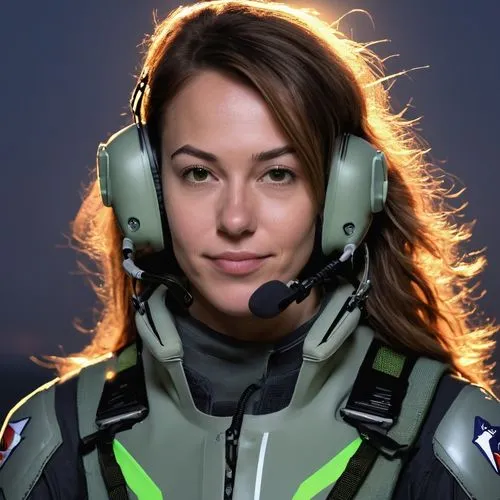 A gorgeous 2024 female jet fighter pilot in F-35 jet flight overall and gear in grey-green stsnds 75 m besides a holographic white transparent, glass like Lockheed F-35 jet fighter in transparent outl