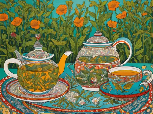 tea set,tea service,teapots,tea party collection,flowering tea,watercolor tea set,tea cups,teacup arrangement,flower tea,tea flowers,tea art,tea party,coffee tea illustration,goldenrod tea,blooming tea,tea pot,cup and saucer,darjeeling tea,fragrance teapot,carol colman,Illustration,Japanese style,Japanese Style 16