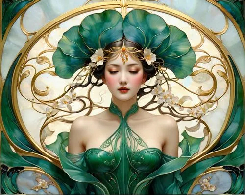 art nouveau,art nouveau design,art nouveau frame,dryad,art nouveau frames,faery,fantasy portrait,faerie,art deco woman,flora,the enchantress,emerald,laurel wreath,fairy queen,fantasy art,art deco frame,art deco ornament,anahata,art deco,mucha,Illustration,Retro,Retro 08