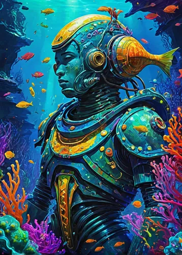 aquanaut,scuba,coral guardian,underwater background,scuba diving,sea god,under sea,under the sea,coral reef,god of the sea,aquaman,napoleon fish,underwater fish,marine animal,aquatic,snorkeling,aquarium inhabitants,ocean floor,nautilus,ocean underwater,Conceptual Art,Oil color,Oil Color 21