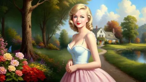 Romantic masterpiece oil painting, cute girl portrait, nostalgic 1950's style kitsch, beautiful rural American landscape, midwestern American scenery, by Thomas Kinkade, by Bob Ross, high res,dorthy,s