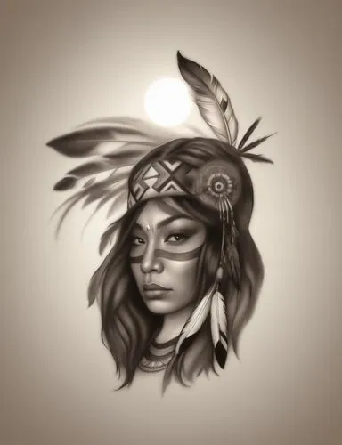 "Create a monochrome tattoo featuring a Native American woman in a majestic pose with detailed feathers in her hair, set against a backdrop of tribal patterns and natural landscapes, surrounded by rad