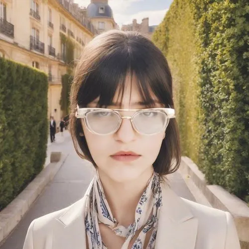 an asian woman with glasses standing next to some trees,parisienne,dior,parisian,ski glasses,silver framed glasses,parisii,Photography,Realistic