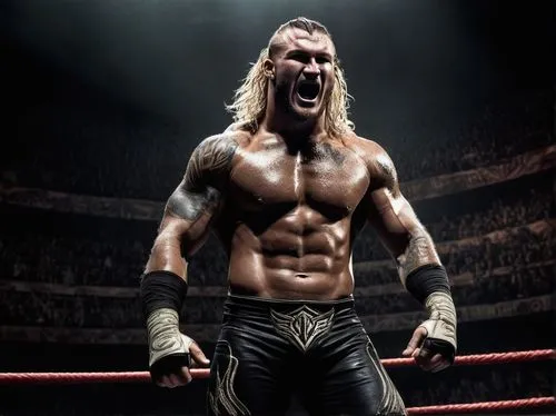 Muscular man, Randy Orton, wrestling attire, bold facial expression, intense eyes, messy blond hair, sweat droplets, rugged chest, prominent biceps, tattooed arms, wrestling boots, dramatic spotlight,