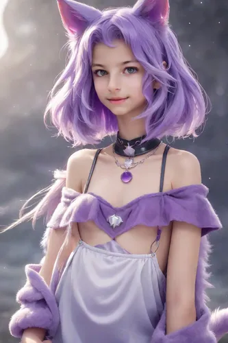 Girl dressed in a purple cat costume, a waning moon necklace. Cartoon anime style,malva,fae,precious lilac,la violetta,doll cat,lilac,violet,viola,feline,acerola,purple,cheshire,fuki,violet head elf,t