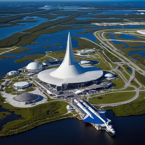 canaveral,walt disney world,epcot center,calatrava,space tourism,disney world,futuristic architecture,space port,atlantis,solar cell base,aerial view,very large floating structure,air space museum,aerial photograph,aerial landscape,flight image,aerial photography,aerial image,oldsmar,orlando,Illustration,Retro,Retro 21