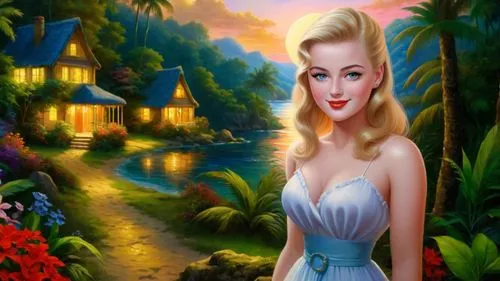 mamie van doren,the blonde in the river,connie stevens - female,glinda,marylyn monroe - female,marilyn monroe,disneyfied,dorthy,cartoon video game background,cinderella,marilyns,fairyland,blonde woman,landscape background,fairy tale character,elsa,maureen o'hara - female,desilu,background image,disney character