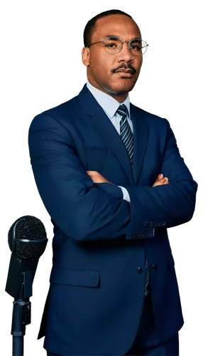 Martin Luther King Jr., male, African American, 40s, historical figure, suit, tie, glasses, mustache, serious expression, standing, arms crossed, microphone, podium, warm lighting, shallow depth of fi