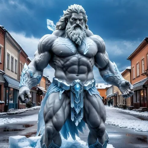 Ice god resembling Zeus freezing a town,there is a statue of an ice man outside,ullr,greyskull,poseidon,svarog,blastaar,aegir,Photography,General,Realistic