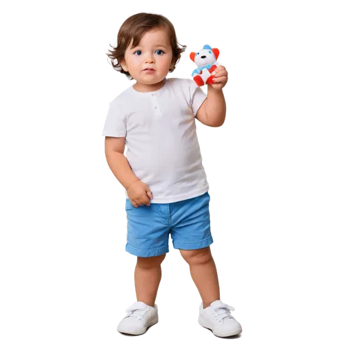 Small kids, toddler, solo, (3-5yo), chubby cheeks, bright eyes, messy brown hair, freckles on nose, white shirt, blue shorts, sneakers, holding toy, standing, natural pose, soft focus, warm lighting, 