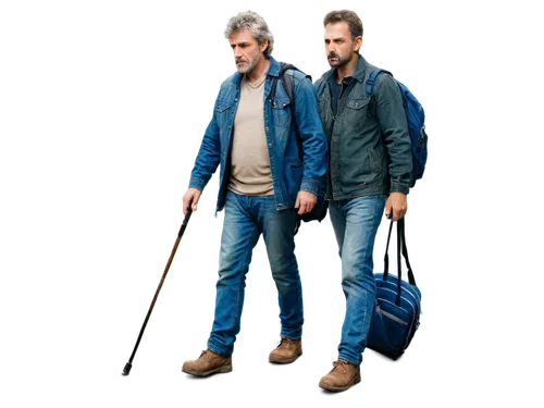 Mature man, worn-out face, tired eyes, stubble beard, messy hair, old jacket, torn jeans, backpack, walking stick, dusty boots, determined expression, looking ahead, warm sunlight, shallow depth of fi