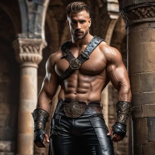 an insanely handsome shirtless king with powerful muscles wearing leather pants and metal bracers in his castle ,leathery,leatherman,manganiello,kyrill,agron,leather texture,alcide,nikolais,wightman,h