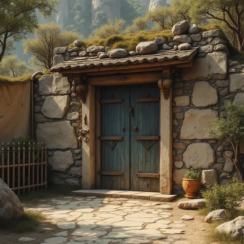 korean folk village,stone gate,background with stones,wooden door,village gateway,garden door,farm gate,wood gate,mountain settlement,rustic aesthetic,greek island door,ancient house,rustic,idyllwild,alpine village,inglenook,huashan,old door,stone oven,whorwood,Photography,General,Realistic