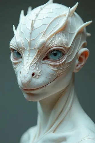 Beautiful albino gecko-like woman with large eyes, pastel colors, fantasy, smooth skin in the style of Rimat Voligamsi and Igor Morski. Hyperrealistic and very detailed photograph of a model wearing a