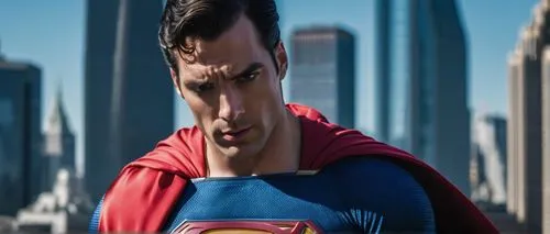 Superman, hypnotized, muscular man, iconic blue suit, red cape, golden belt, Kryptonian symbol on chest, glazed eyes, relaxed facial expression, subtle smile, leaning forward, hands clasped together, 