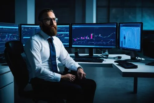 Data engineer, mature man, beard, glasses, formal wear, white shirt, dark blue tie, black trousers, leather shoes, sitting, ergonomic chair, desk, computer, multiple monitors, Excel software, bulk dat