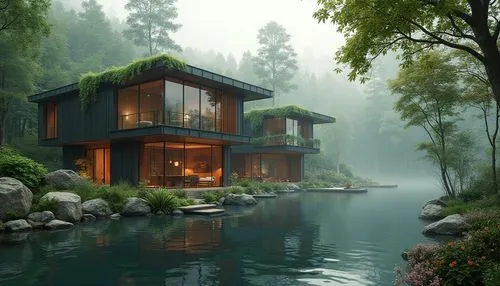 Lakefront factory, green architecture, modern industrial design, surrounded by lush forests, dense foliage, reflective lake surface, misty morning atmosphere, warm soft lighting, wooden accents, large