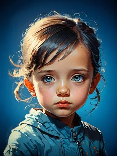 A moody portrait of litle girl on blue backgrounds. cartoon sketch illustration,digital painting,world digital painting,girl portrait,krita,digital art,portrait background,kids illustration,children's