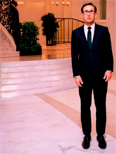 Politician, middle-aged man, formal wear, black suit, white shirt, tie, glasses, serious facial expression, standing with hands behind back, authoritative posture, luxurious background, marble floor, 