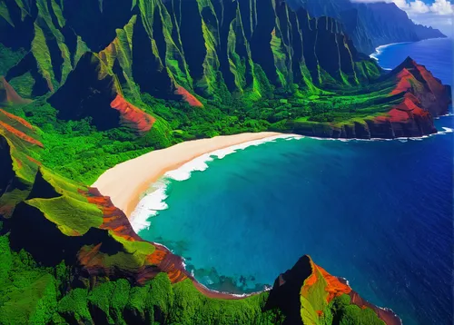 Kalalau Beach on the Na Pali Coast (aerial), Napali Coast Wilderness State Park, Kauai, Hawaii USA,napali coast,hawaii,molokai,kauai,napali,cliffs ocean,pacific coastline,mountain beach,oahu,navajo ba