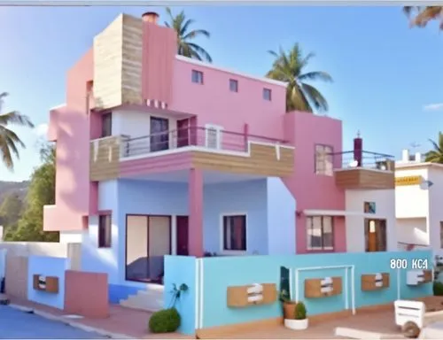 a po of a pink and white house with the words 3 8k,lazytown,kothi,puram,vastu,cube house,guesthouses,Photography,General,Realistic