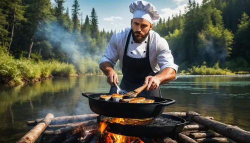 outdoor cooking,portable stove,saganaki,men chef,karelian hot pot,food and cooking,chief cook,bannock,chef's hat,yukon territory,chef,chef's uniform,southern cooking,frying fish,chef hat,dwarf cookin,caterer,slovakian cuisine,grilled food,paella,Illustration,Realistic Fantasy,Realistic Fantasy 23