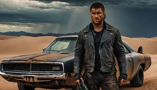 Mad Max, muscular man, rugged beard, messy hair, intense gaze, black leather jacket, torn pants, heavy boots, holding a shotgun, standing in front of a Dodge Charger, rusty car body, broken headlights