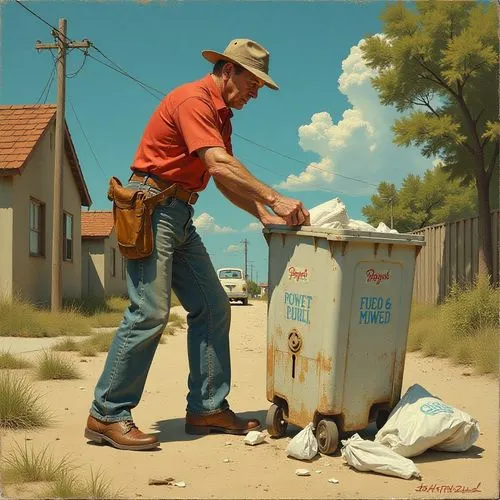 the man with the tool is placing some sand into a bin,rubbish collector,queler,mailmen,photorealist,courier box,dustman,Illustration,Retro,Retro 07