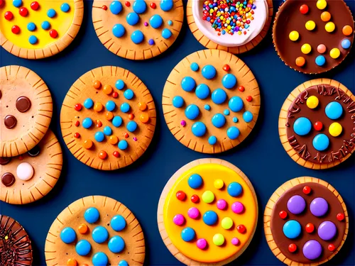 Delicious cookies, assorted flavors, colorful sprinkles, soft chewy texture, crispy edges, golden brown, plate arrangement, shallow depth of field, warm lighting, 3/4 composition, close-up shot, mouth