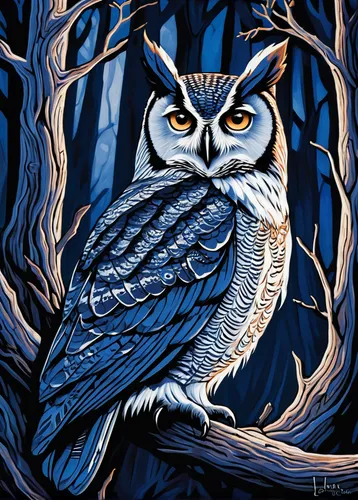 Horned Owl in Deep Blue Woods by Laura Iverson,owl art,siberian owl,owl background,owl,owl nature,owl drawing,barred owl,owl-real,large owl,hedwig,owl pattern,nite owl,great horned owl,spotted wood ow