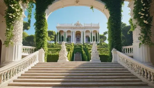 grand villa, ornate architecture, white marble trellis, intricate carvings, lush green vines, blooming flowers, grand staircase, majestic entrance, Roman columns, Baroque style, sunny afternoon, warm 