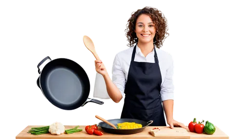 Female chef, apron, curly brown hair, bright smile, cooking utensils, frying pan, sizzling meat, steaming vegetables, kitchen counter, wooden spoon, recipe book, warm lighting, shallow depth of field,