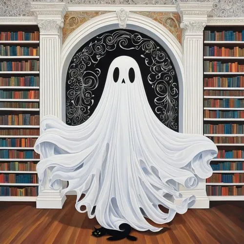 a painting of a white flowy sheet ghost with 2 painted black oval vertical eyes in a library holding a black cat,halloween ghosts,the ghost,ghost,ghost face,ghost girl,ghosts,ghost background,hallowee