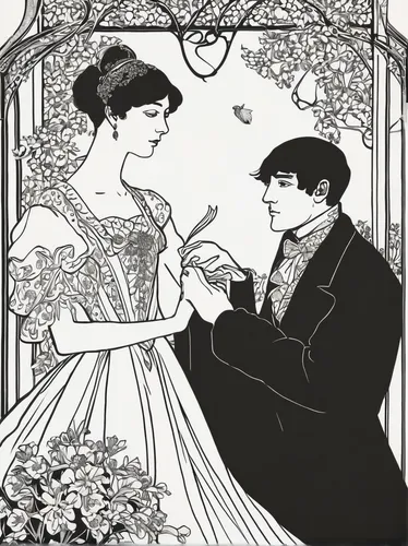 coloring page,wedding invitation,silver wedding,wedding couple,wedding icons,book illustration,matrimony,vintage illustration,courtship,wedding frame,hand-drawn illustration,coloring pages,proposal,holding flowers,valentine line art,engagement,wedding photo,art nouveau,married,young couple,Illustration,Black and White,Black and White 24